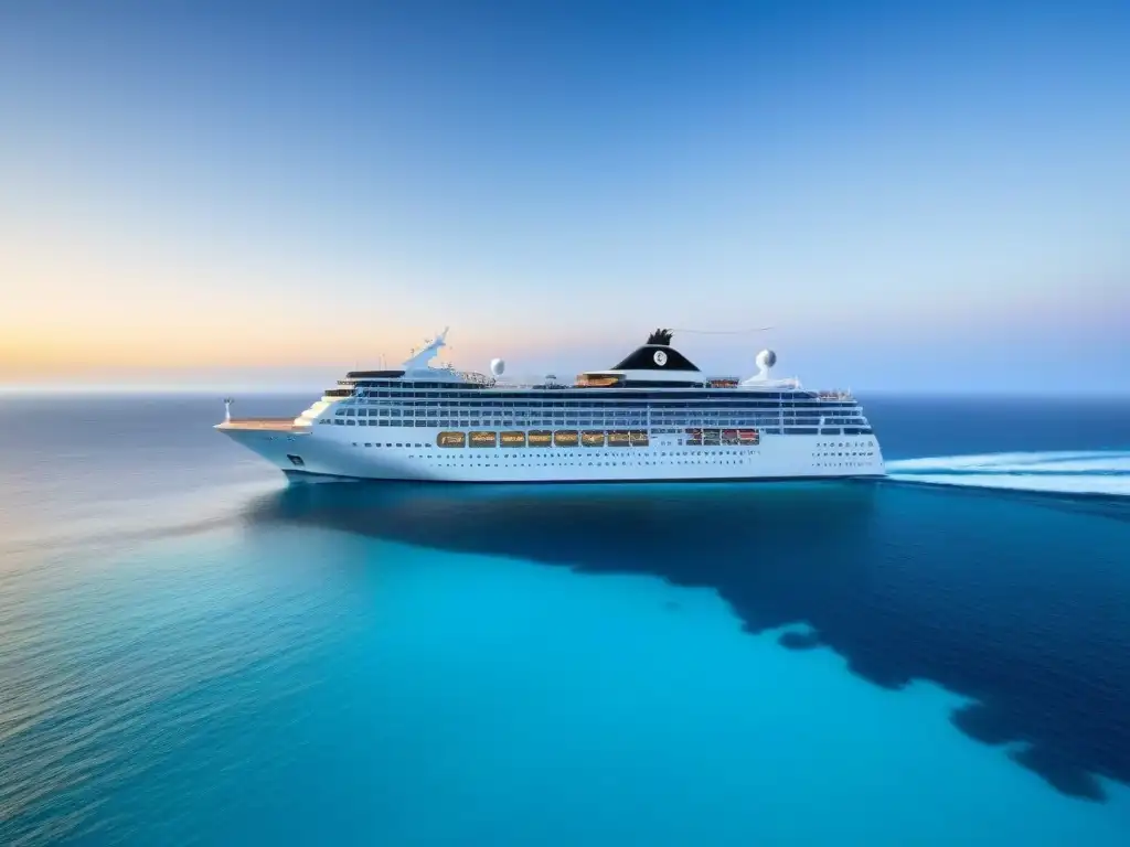 Un elegante crucero navegando en aguas turquesas al atardecer, evocando una experiencia de lujo y relax