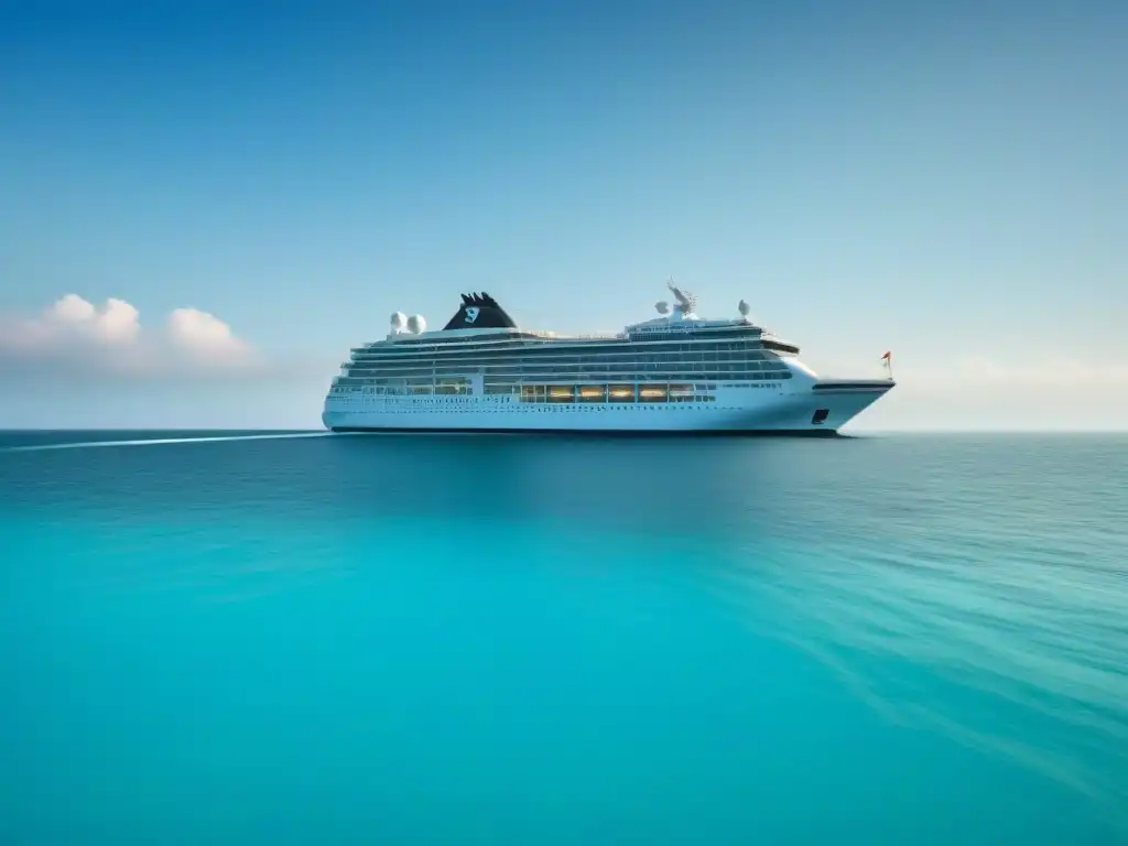 Un elegante crucero surcando aguas turquesas bajo un cielo despejado, transmite tranquilidad y sofisticación