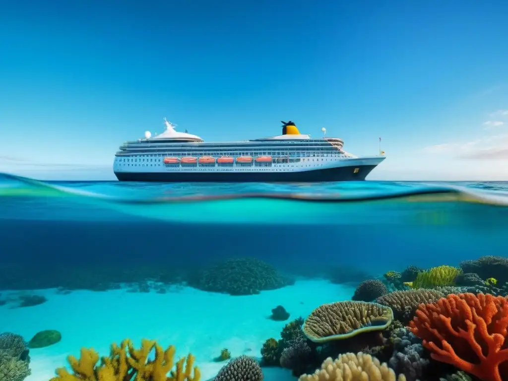 Un elegante crucero navega sobre aguas turquesas, en armonía con un vibrante arrecife coralino lleno de vida marina