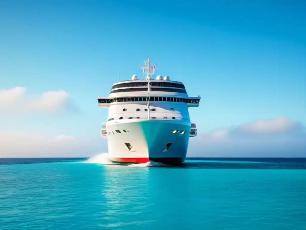 Un elegante crucero en aguas turquesas con pagos sin contacto, en un cielo rosa y azul