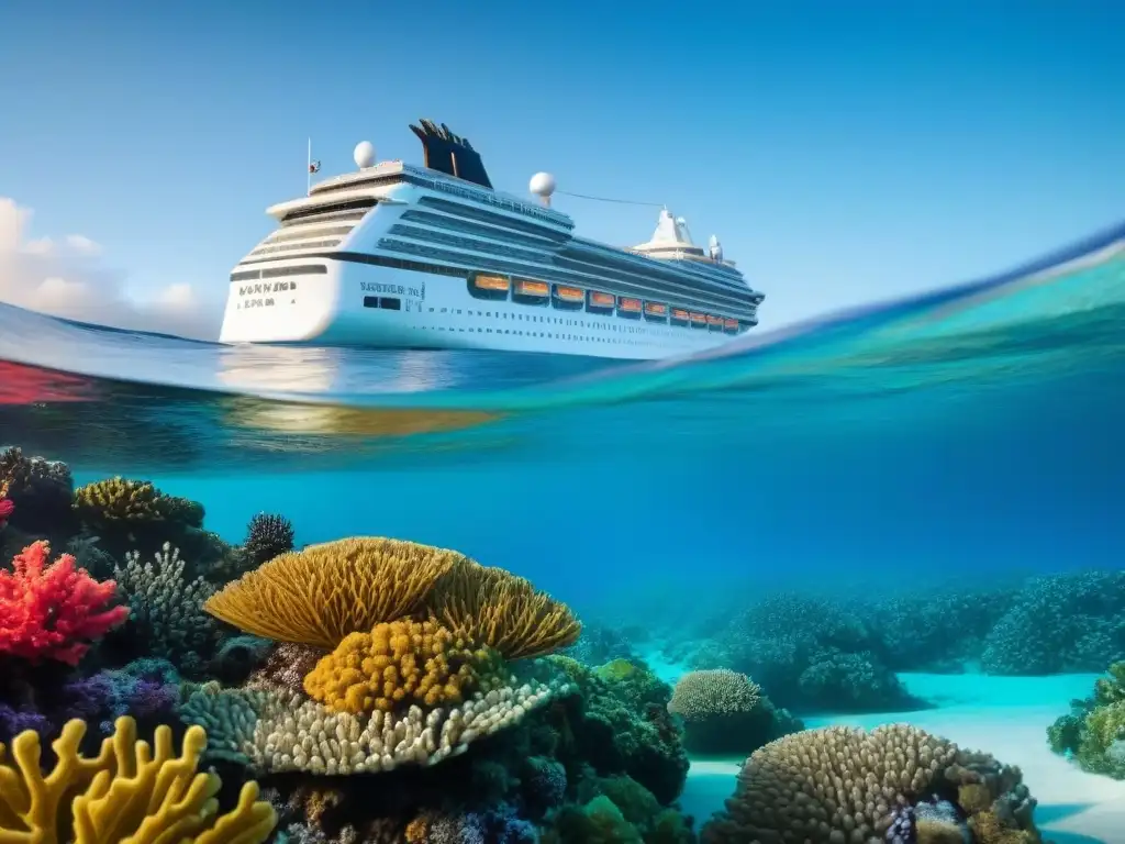 Un elegante crucero navega por aguas turquesas rodeado de arrecifes de coral y vida marina, destacando la conservación marina en cruceros