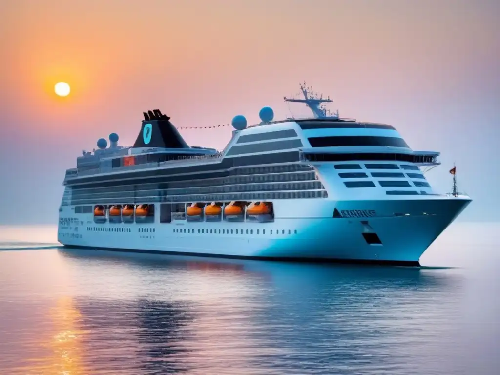 Un elegante crucero navegando en aguas turquesas al amanecer, simbolizando el turismo marítimo energía limpia