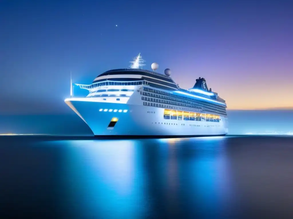 Un elegante crucero de alta tecnología navega por aguas cristalinas bajo un cielo estrellado, reflejando serenidad y futurismo