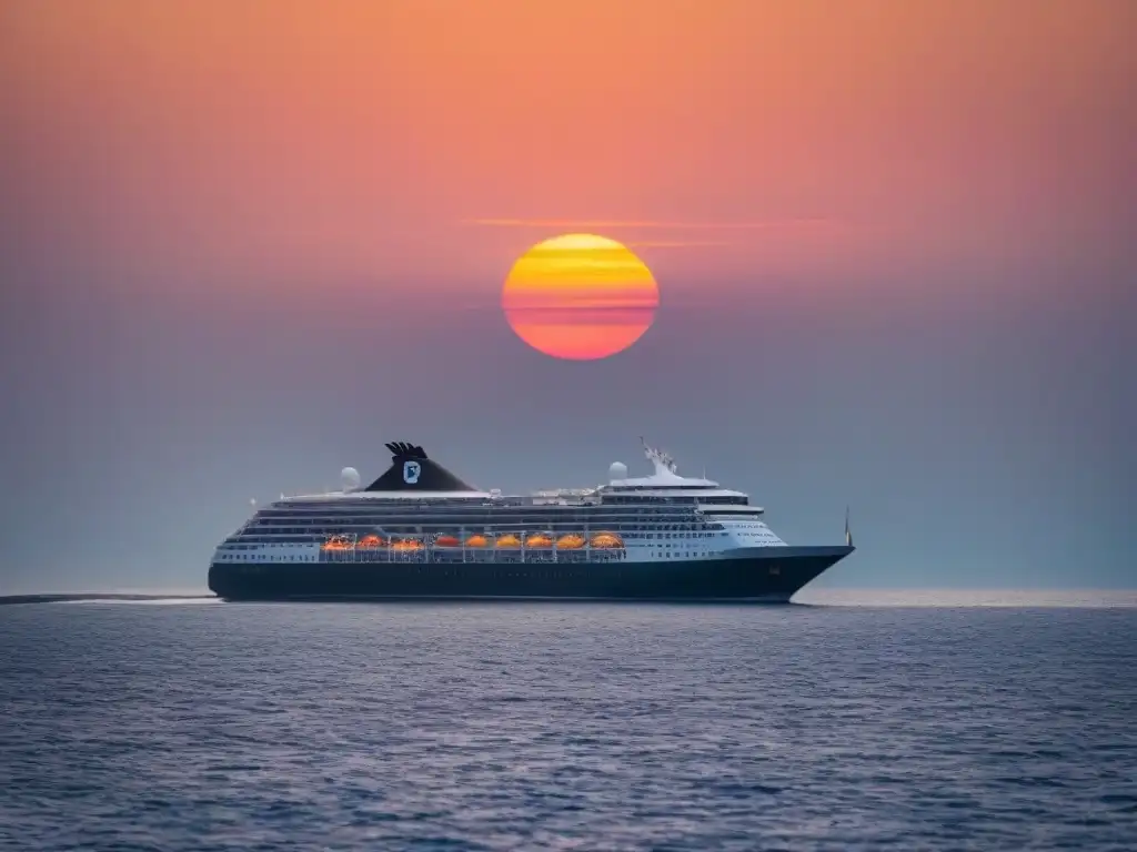 Un elegante crucero navegando al atardecer en aguas tranquilas, reflejando un cielo naranja y rosado