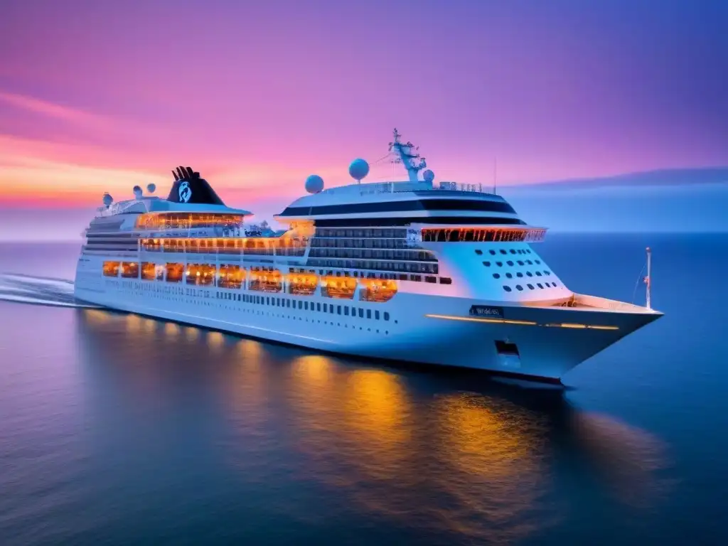 Un elegante crucero navegando al atardecer en aguas tranquilas, con un cielo naranja y rosa reflejado en el mar sereno