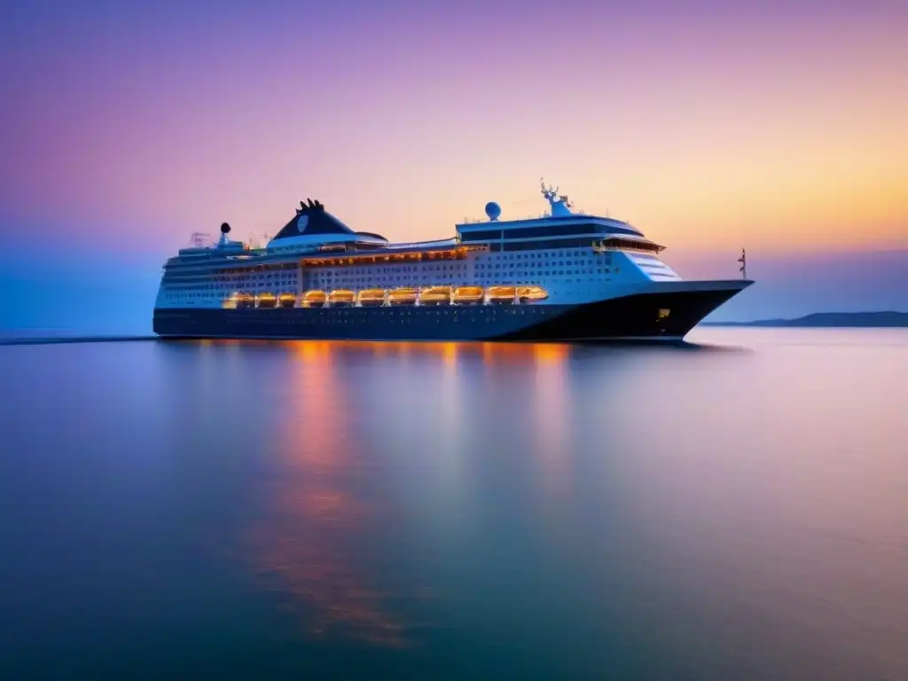 Un elegante crucero navegando al atardecer en aguas tranquilas