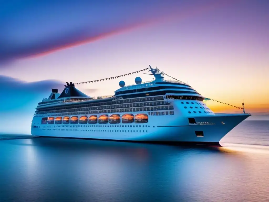 Un elegante crucero al atardecer, reflejando colores vibrantes en aguas tranquilas