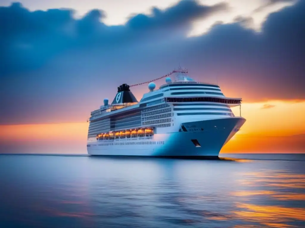 Un elegante crucero navega al atardecer en el mar, representando el branding en la industria de cruceros