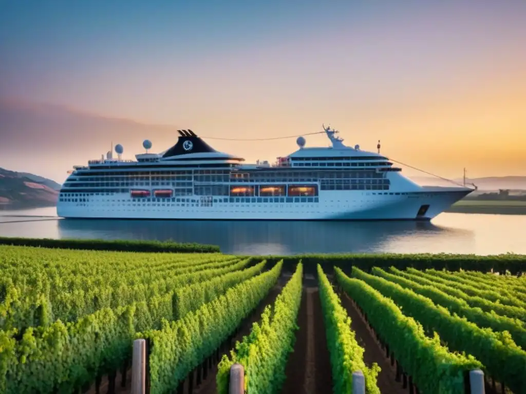 Un elegante crucero navegando al atardecer cerca de viñedos en Destinos marítimos degustar vinos atardecer