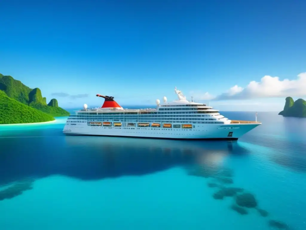 Un elegante crucero blanco navegando en aguas turquesas, rodeado de islas tropicales verdes bajo un cielo azul