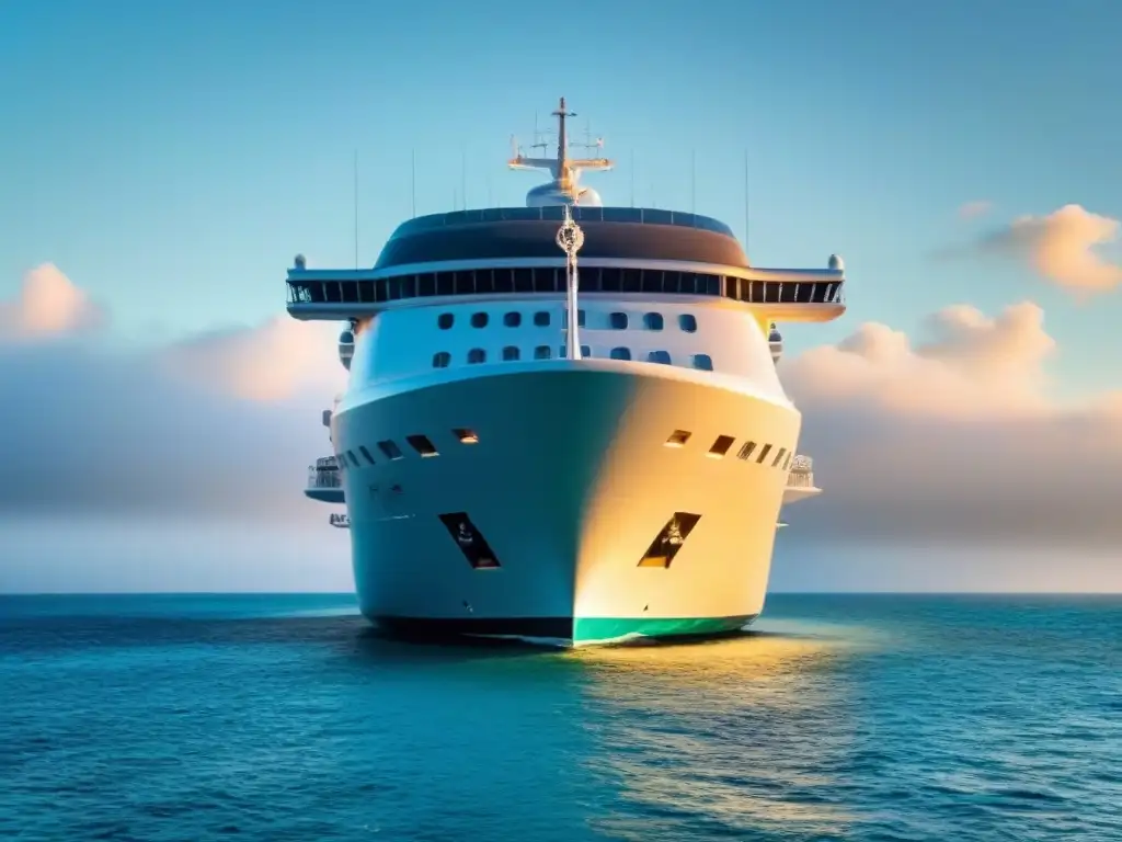 Un elegante crucero blanco navega serenamente en aguas turquesas, bajo el sol dorado del atardecer