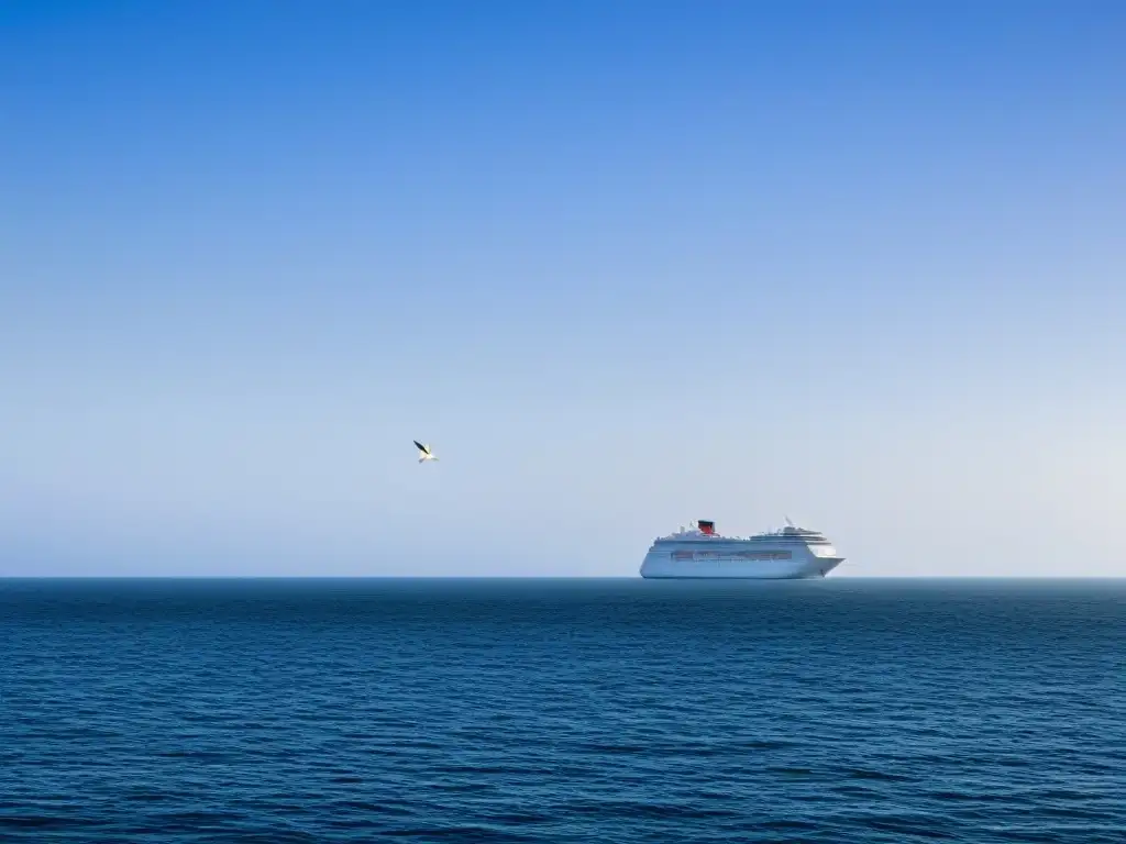 Un elegante crucero blanco navegando en aguas azules tranquilas con un cielo despejado y una gaviota volando