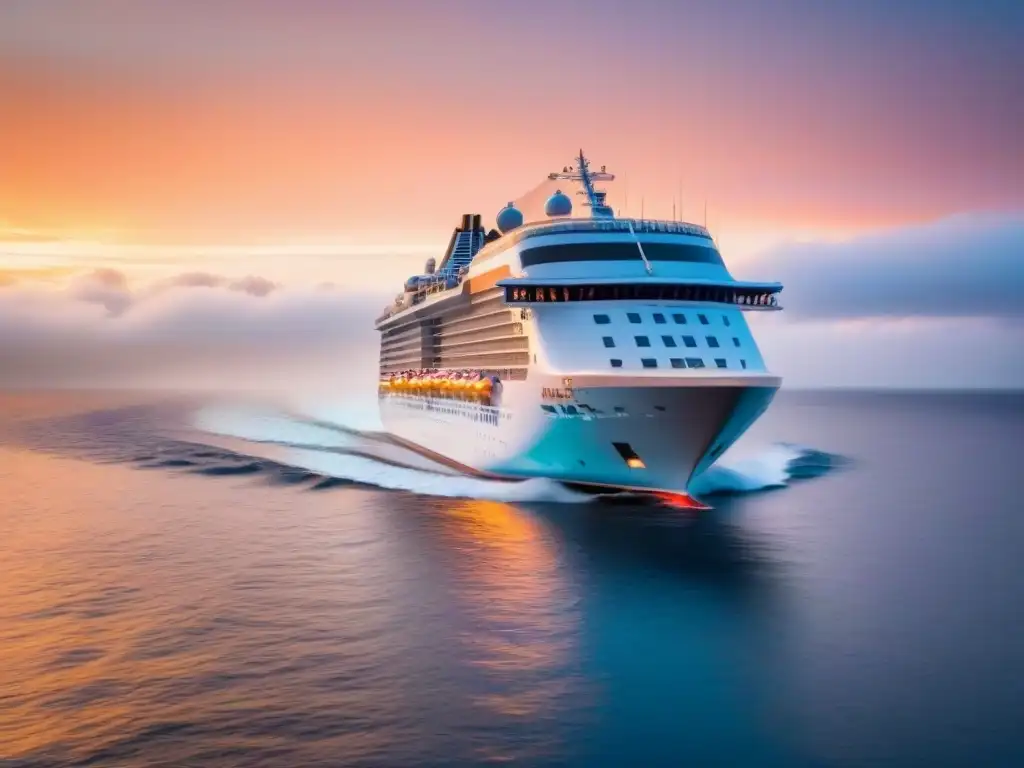 Un elegante crucero blanco navegando suavemente en aguas azules, con un atardecer naranja creando un ambiente cálido en cubierta