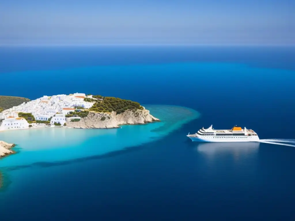 Un elegante crucero blanco navega en aguas turquesas, contrastando con la arquitectura de las Islas Griegas