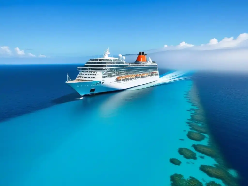 Un elegante crucero blanco surca aguas turquesas frente a islas tropicales, transmitiendo lujo y aventura