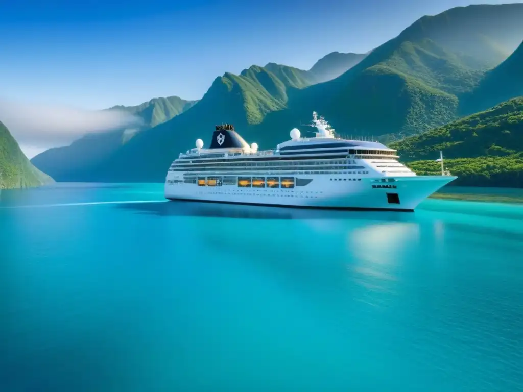 Un elegante crucero blanco navega en aguas turquesa, rodeado de montañas verdes bajo un cielo azul