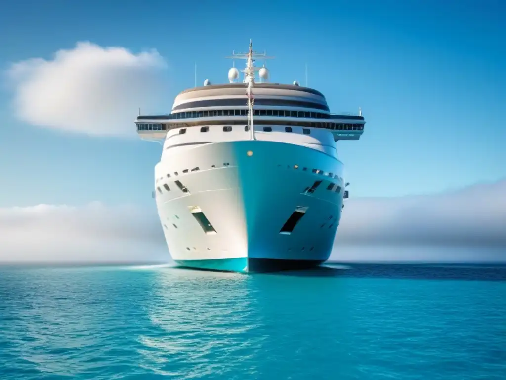 Un elegante crucero blanco navega en aguas turquesas bajo un cielo despejado, reflejando tranquilidad y sofisticación