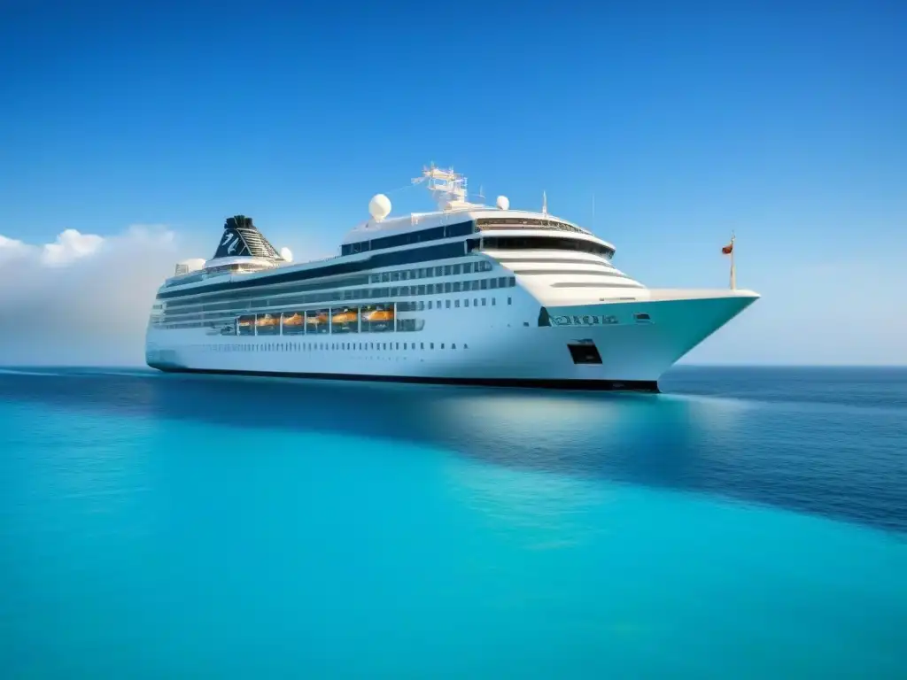 Elegante crucero blanco surcando aguas turquesas bajo cielo despejado, reflejado en calma marina