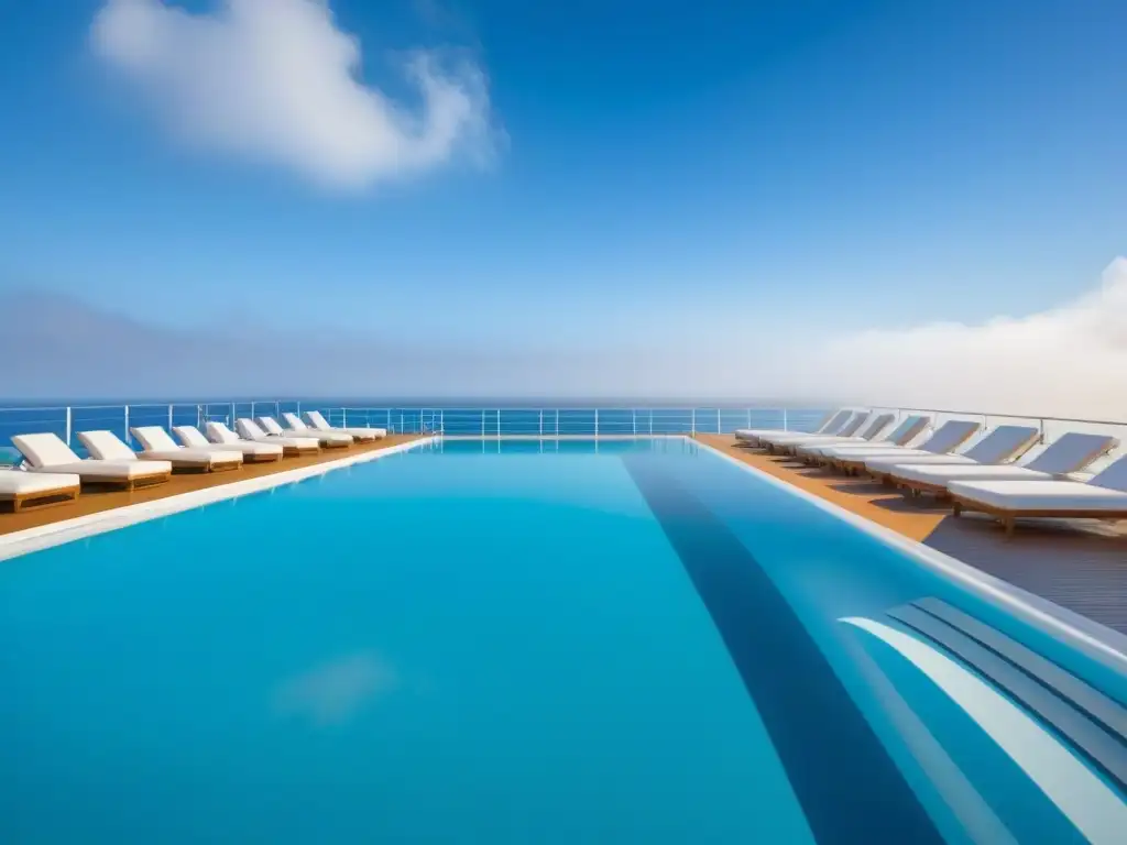 Un elegante crucero blanco en un día soleado, con sillas y piscina relucientes