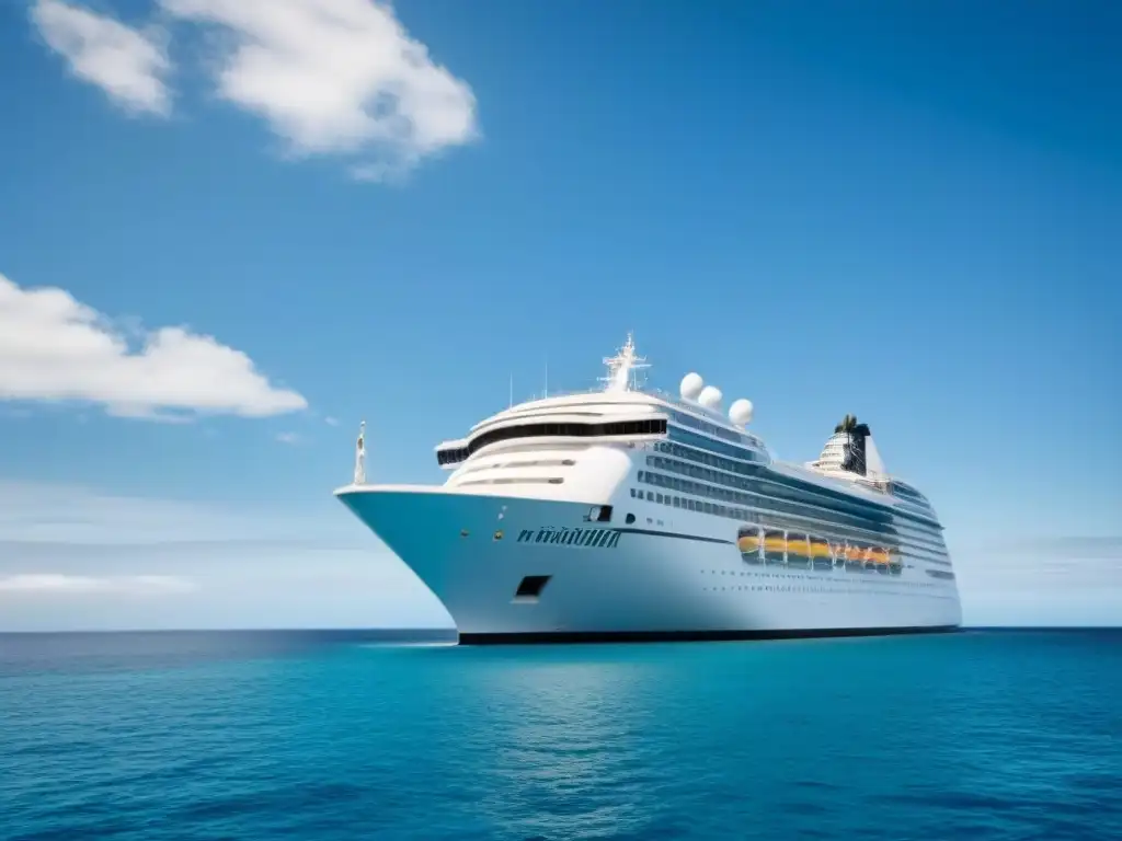 Un elegante crucero blanco navegando en un mar turquesa, con cielo azul y nubes