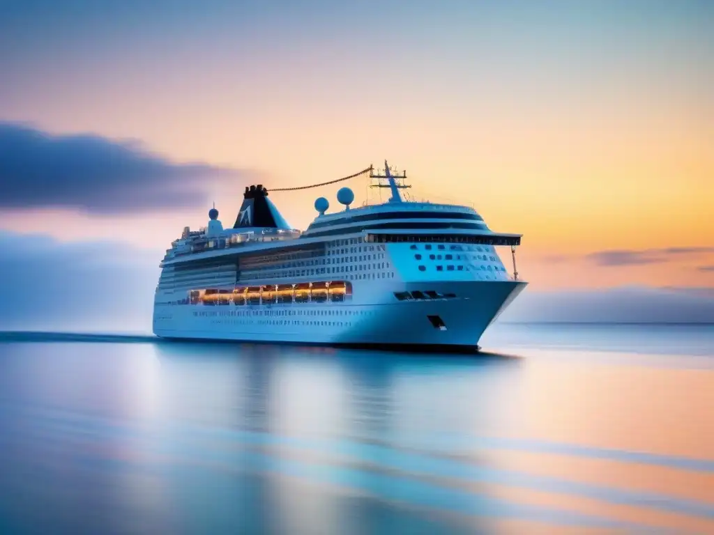 Un elegante crucero blanco navegando en un océano sereno al atardecer, ideal para Tratamientos de Spa en Cruceros