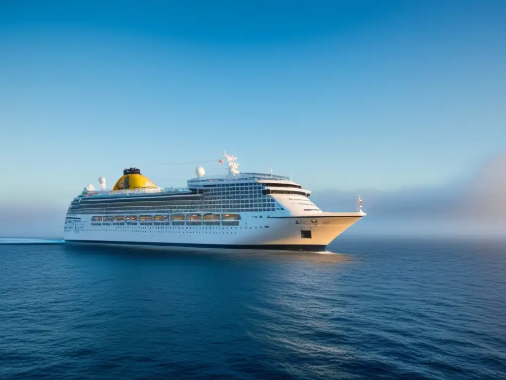 Un elegante crucero navegando bajo un cielo azul claro, reflejando lujo y la belleza serena del mar