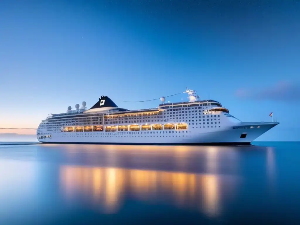 Un elegante crucero navegando bajo un cielo estrellado, con el logo de Bitcoin en su bandera, simbolizando el pago de crucero con Bitcoin