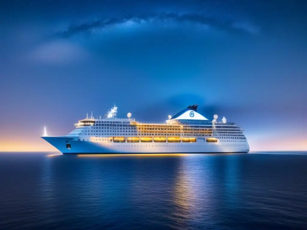 Un elegante crucero navegando bajo un cielo estrellado, reflejando luces en el mar tranquilo