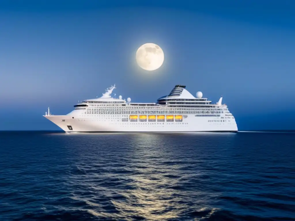 Crucero de lujo bajo la luna: elegancia y serenidad en alta mar Un elegante crucero navega bajo un cielo estrellado, con la luna iluminando el mar