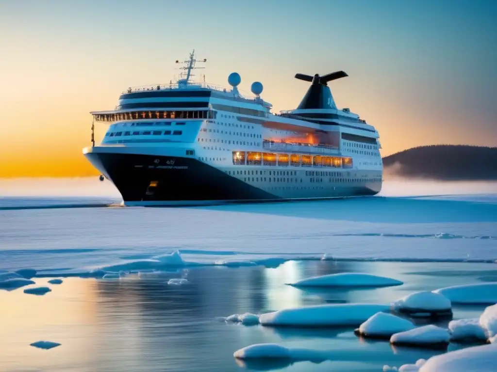 Un elegante crucero de expedición corta aguas heladas al atardecer, creando una imagen de contraste entre diseño moderno y naturaleza virgen