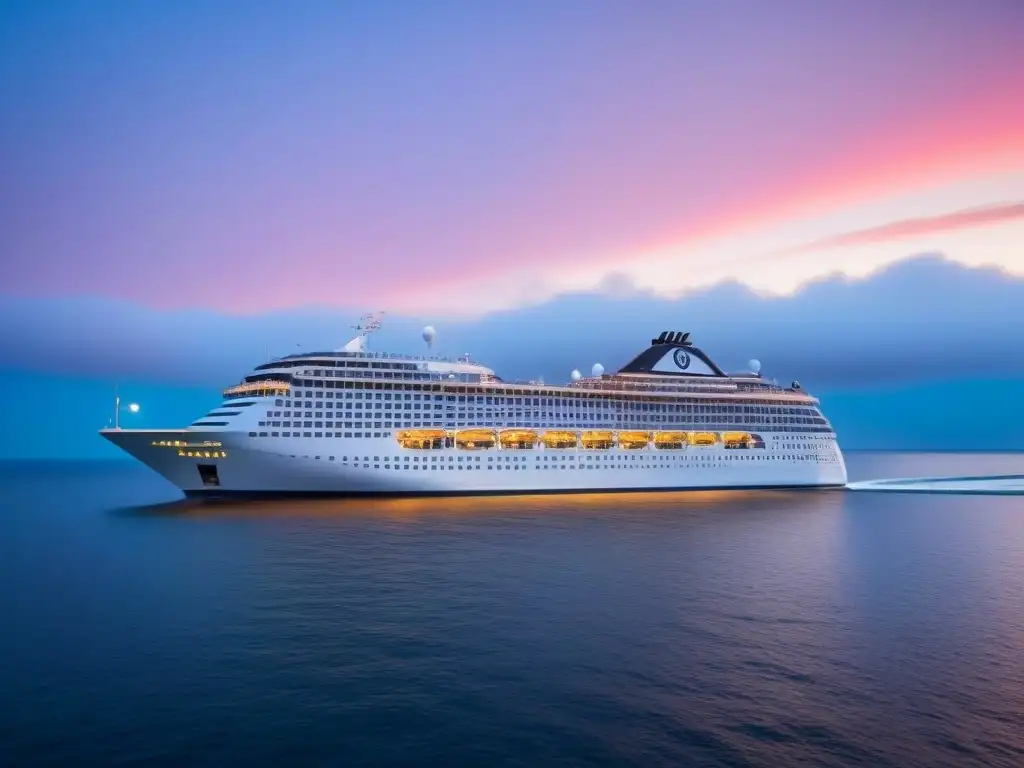 Un elegante crucero cultural transformador perspectiva navegando al atardecer en aguas serenas, bajo un cielo pastel