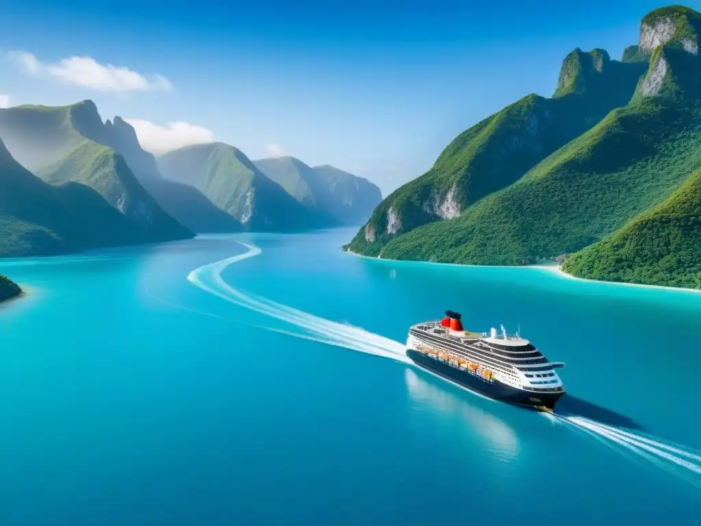 Crucero ecofriendly surcando aguas turquesa con energía renovable Un elegante crucero ecológico en aguas turquesas, rodeado de montañas verdes bajo cielo azul