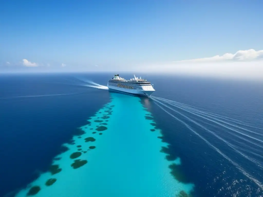 Un elegante crucero ecológico surca aguas turquesas, con delfines saltando a su paso