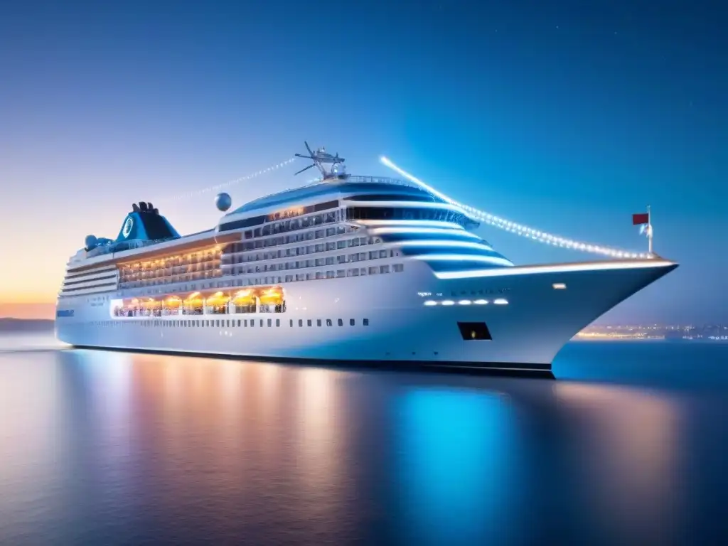 Un elegante crucero futurista navega bajo un cielo estrellado en aguas cristalinas, simbolizando servicios digitales para cruceros de lujo