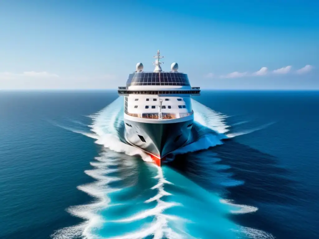 Elegante crucero futurista con energía solar y eólica navegando en aguas cristalinas bajo el sol radiante