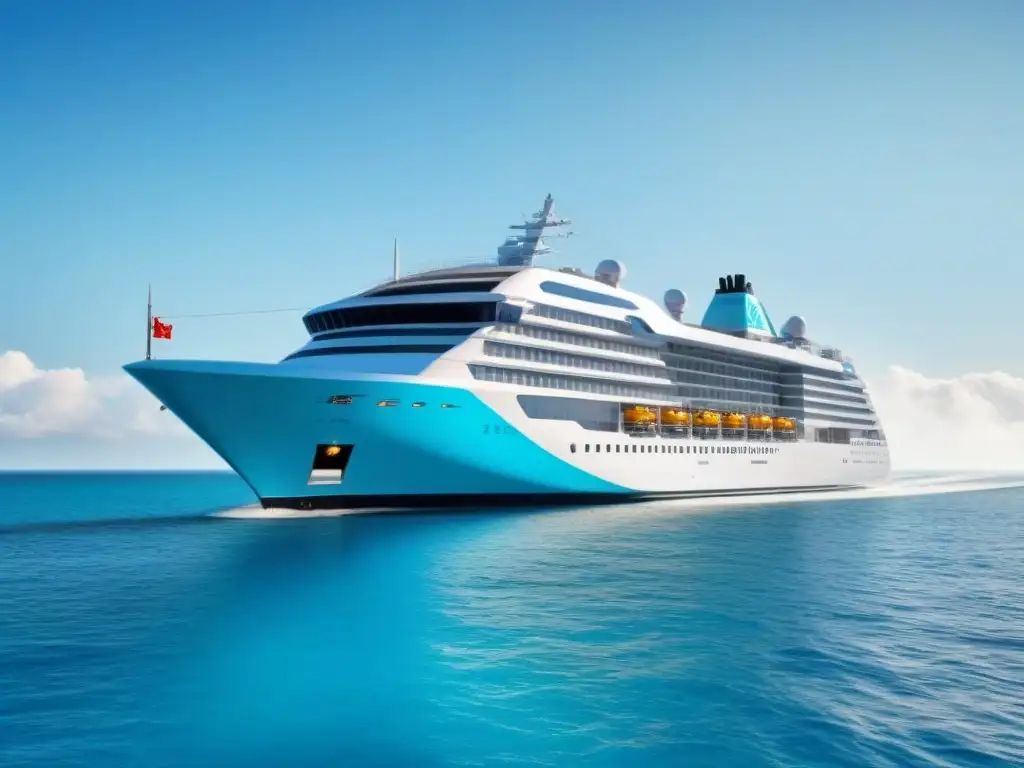 Un elegante crucero futurista navegando con gracia por aguas turquesas cristalinas, potenciado por propulsión eléctrica en turismo marítimo