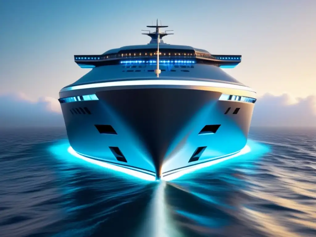 Un elegante crucero futurista navegando sobre olas digitales de blockchain, fusionando viajes en crucero y criptomonedas