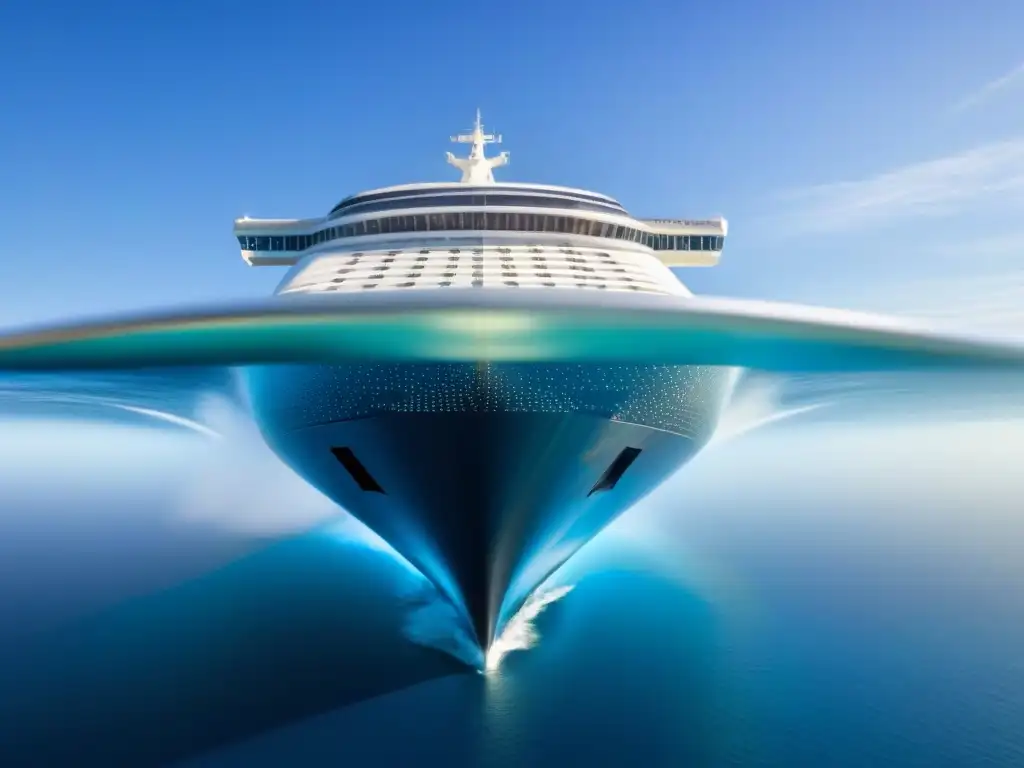 Un elegante crucero futurista surcando el profundo océano azul bajo un cielo despejado