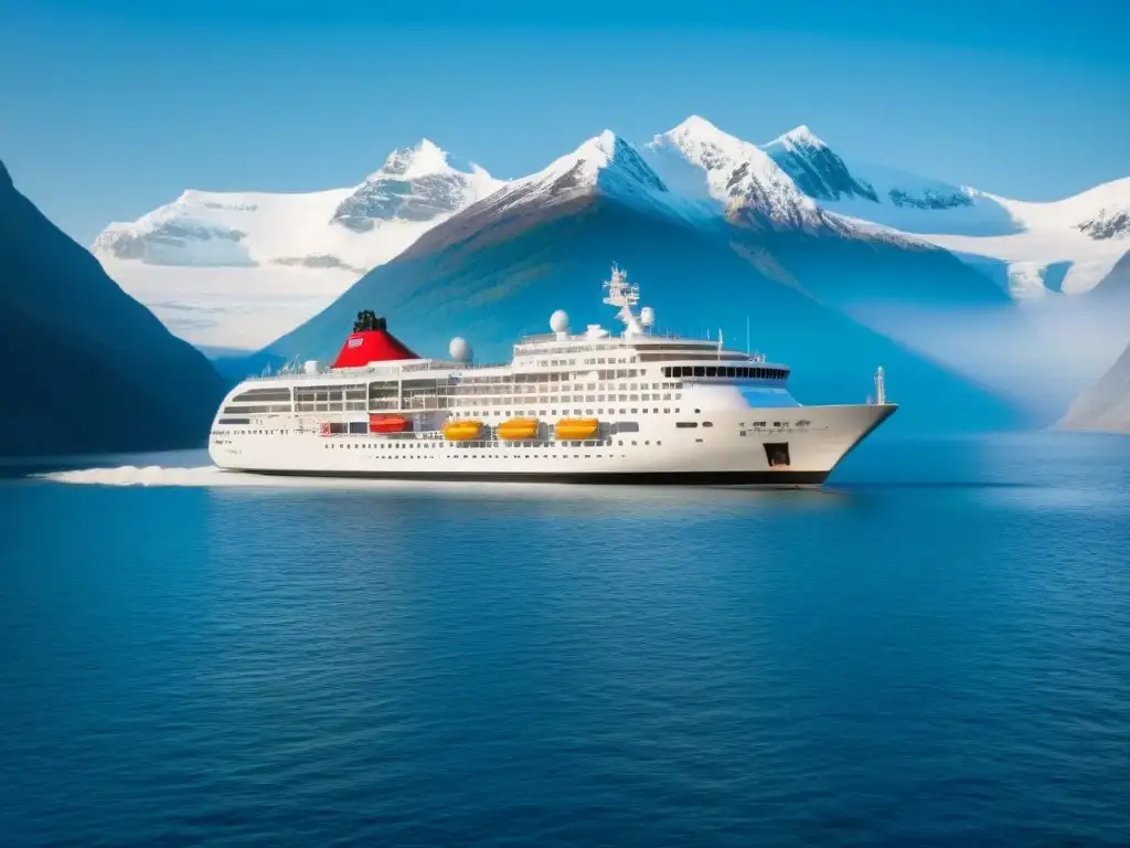 Un elegante crucero de expedición económico global surcando aguas heladas con montañas nevadas al fondo bajo un cielo azul claro