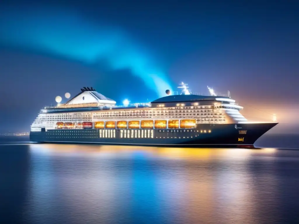 Un elegante crucero iluminado por conexiones de datos, fusionando tecnología y viajes