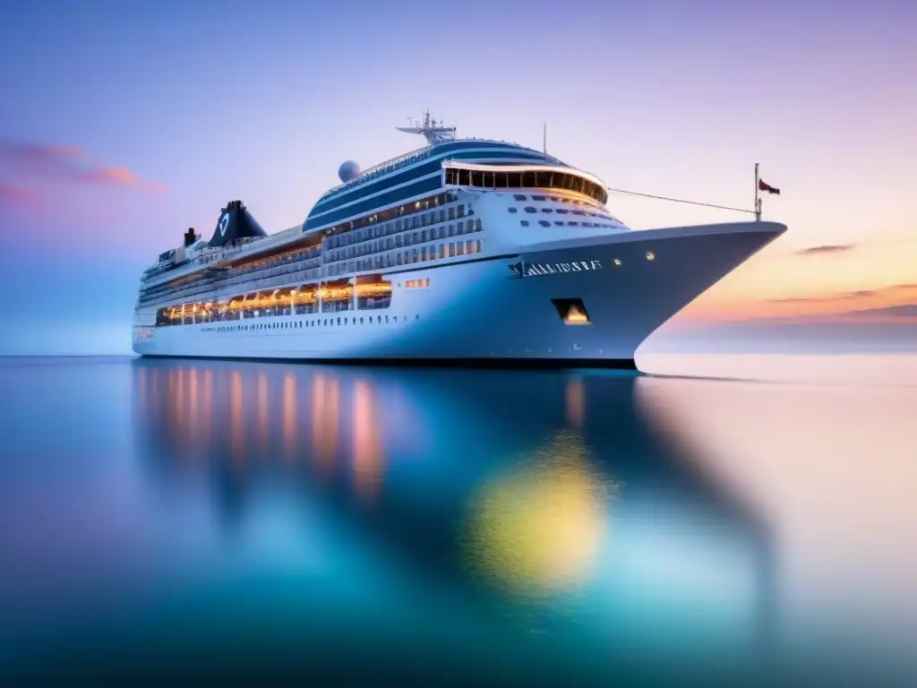 Un elegante crucero de lujo surcando aguas cristalinas al atardecer