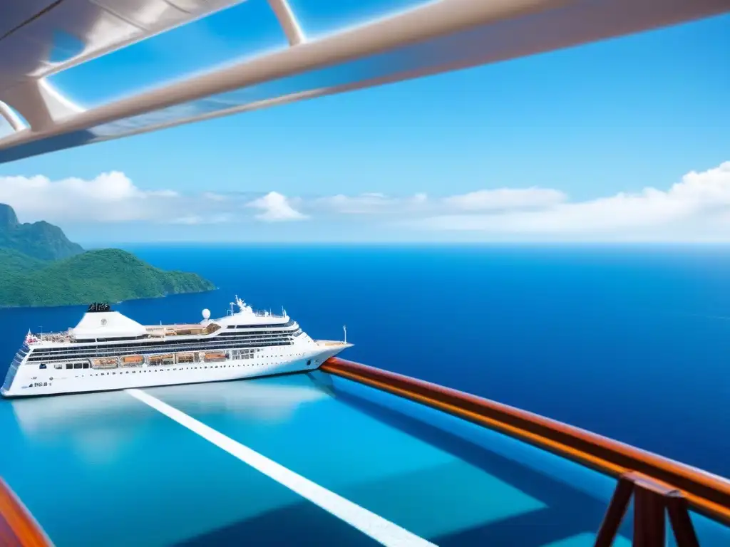 Elegante crucero de lujo navegando en aguas cristalinas bajo un cielo azul, rodeado de islas verdes