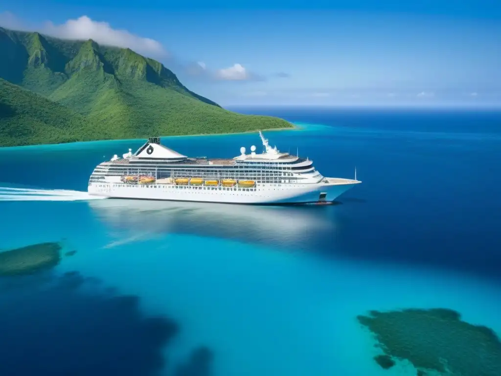 Un elegante crucero de lujo navegando en aguas turquesas rodeado de islas verdes bajo un cielo azul