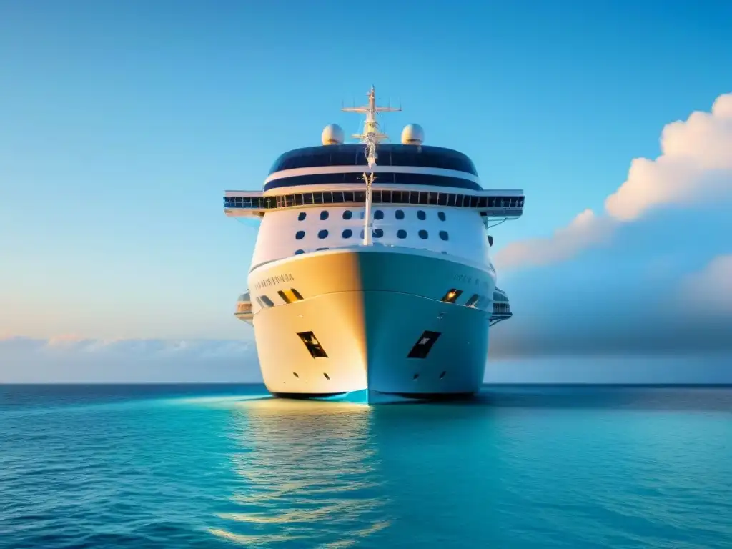 Un elegante crucero de lujo surca aguas turquesas bajo un cielo despejado