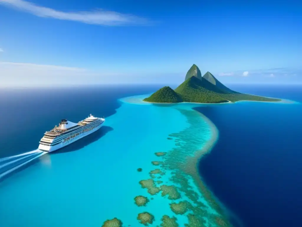 Un elegante crucero de lujo navegando por aguas turquesas, rodeado de islas tropicales bajo un cielo azul