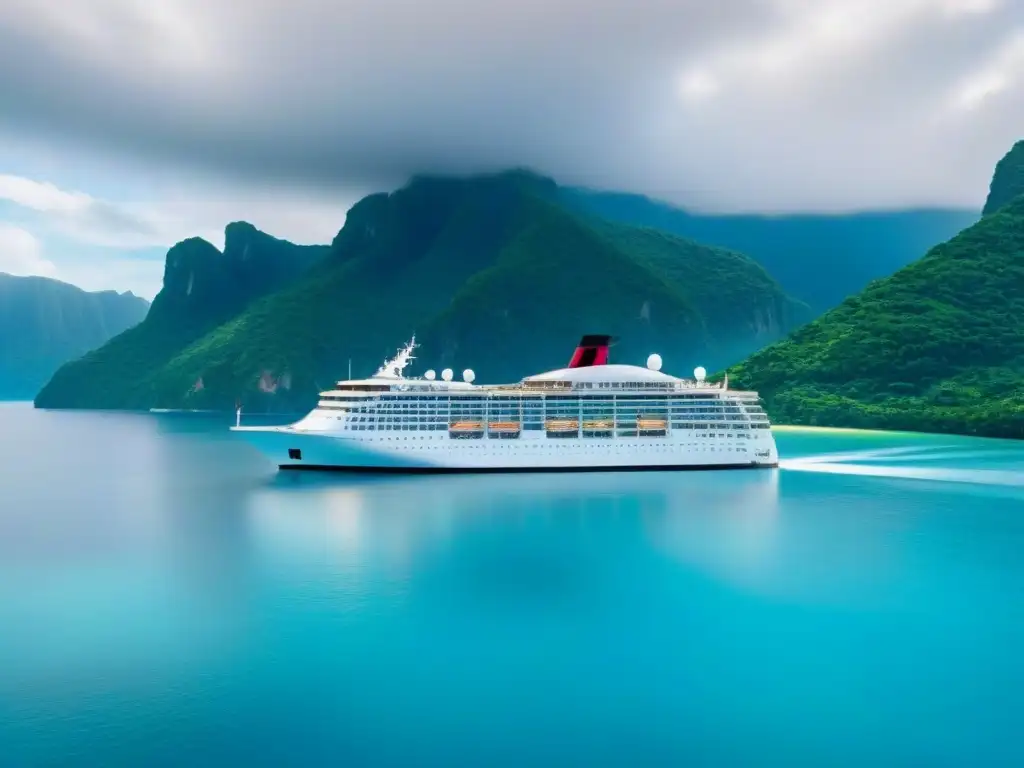 Un elegante crucero de lujo navega en aguas turquesas rodeado de islas tropicales, transmitiendo exclusividad