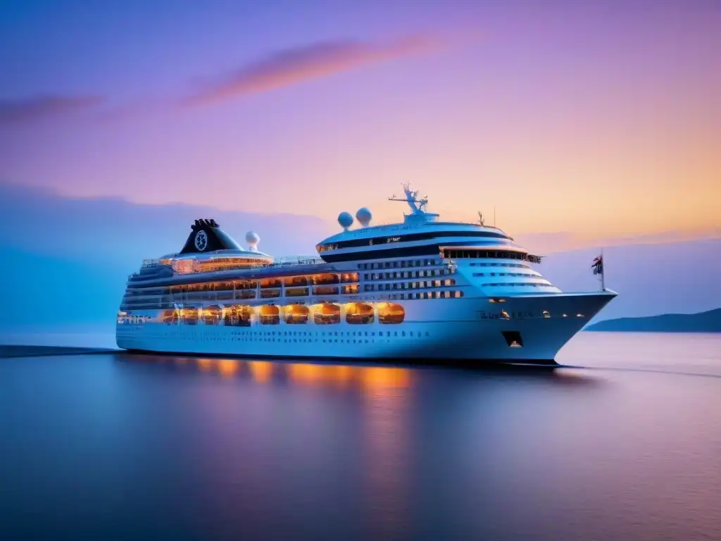 Un elegante crucero de lujo al atardecer, navegando sobre aguas tranquilas con un cielo pastel y un cálido resplandor del sol