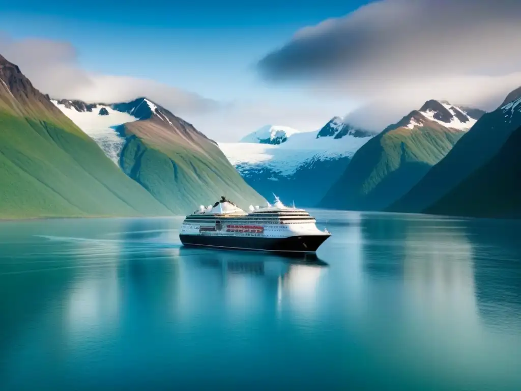 Un elegante crucero de lujo navegando entre las heladas aguas de Alaska, rodeado de majestuosas montañas nevadas y un océano sereno