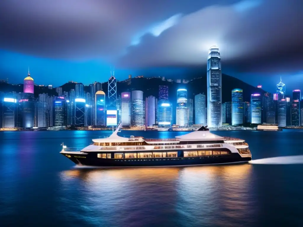 Un elegante crucero de lujo navegando por el icónico puerto de Victoria en Hong Kong, con el deslumbrante skyline de la ciudad iluminado de fondo