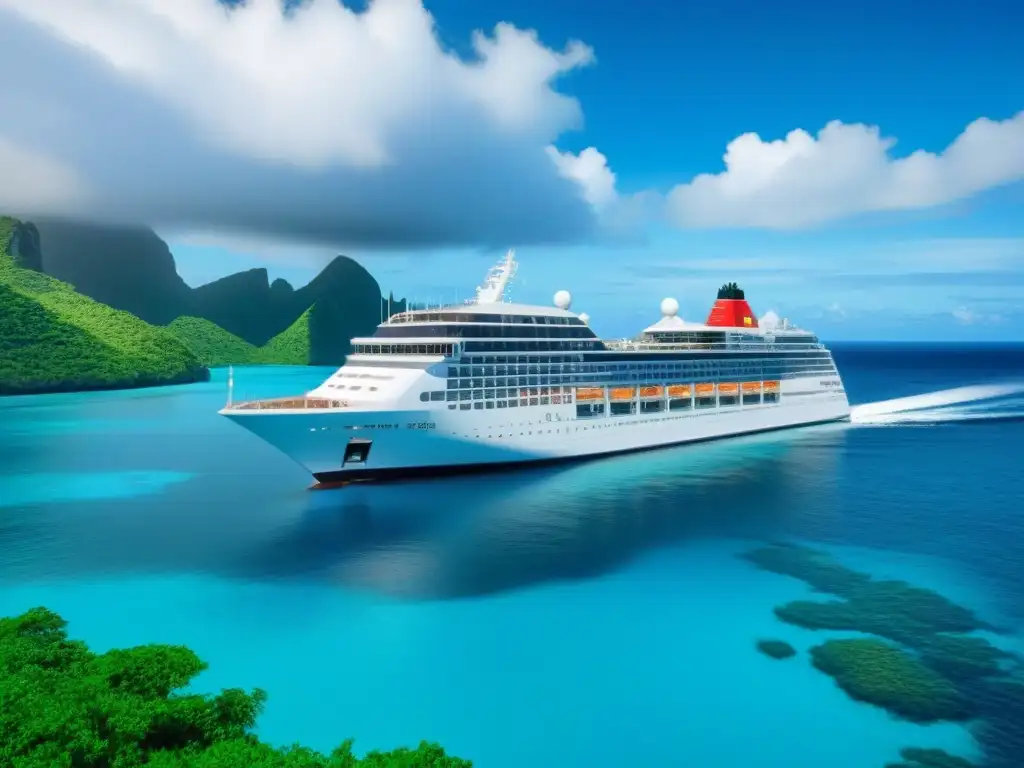 Un elegante crucero de lujo navegando entre islas tropicales, aguas turquesas y playas de arena blanca